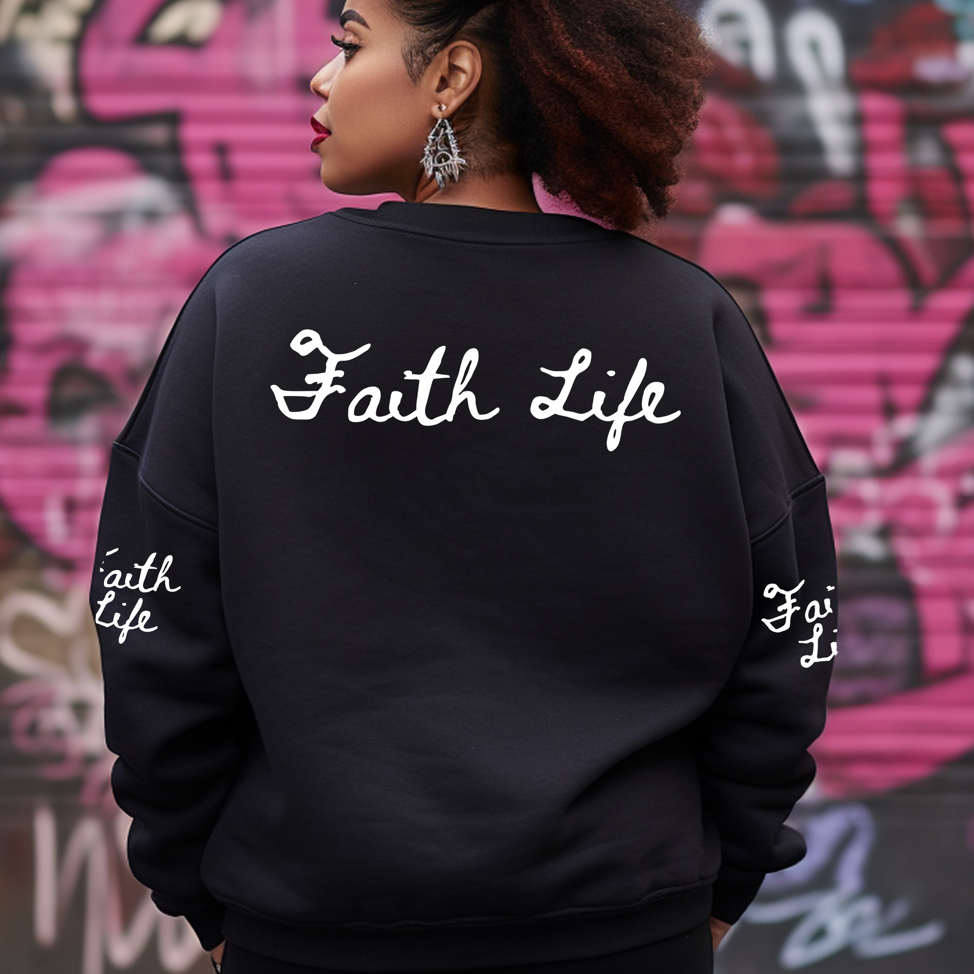 Back of our Faith it til you make it black crewneck sweatshirt with the words Faith Life. Wear our comfortable faith clothing if you're a believer who knows you have the faith to overcome anything. This special sweatshirt is cozy and soft enough to wear day to day.