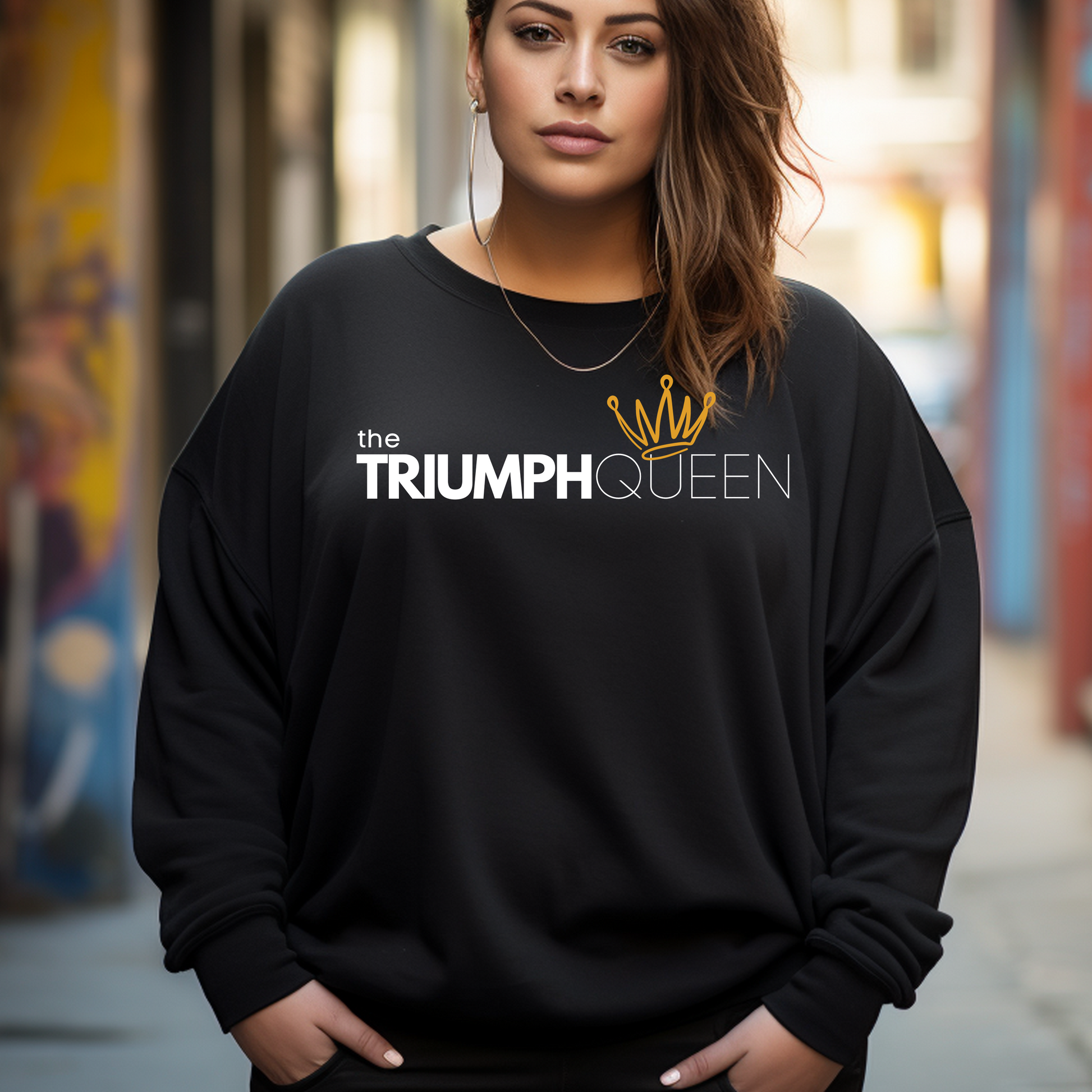 Shop our Triumph Queen black sweatshirt. This cozy faith based clothing is for Saved women who know they're more than conquerors. This shirt is soft and comfy enough for everyday wear.