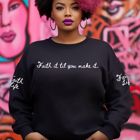 Buy our Faith it til you make it black crewneck sweatshirt. Wear our comfortable faith clothing if you're a believer who knows you have the faith to overcome anything. This special sweatshirt is cozy and soft enough to wear day to day.