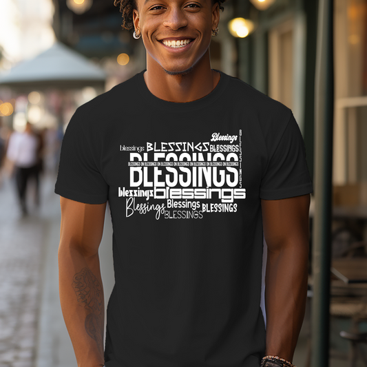 Exclusive 'Blessings on Blessings' T-shirt from Triumph Tees in black. Features a vibrant, white script design that celebrates faith & positivity. Made with soft, durable fabric for comfort.