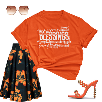 Vibrant orange 'Blessings on Blessings' T-shirt from Triumph Tees. Show off your faith with this stylish and comfortable shirt that's perfect for any casual occasion.