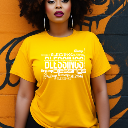 Stylish gold 'Blessings on Blessings' T-shirt from Triumph Tees. This faith-based apparel features a bold, inspiring message in a comfortable and fashionable design.