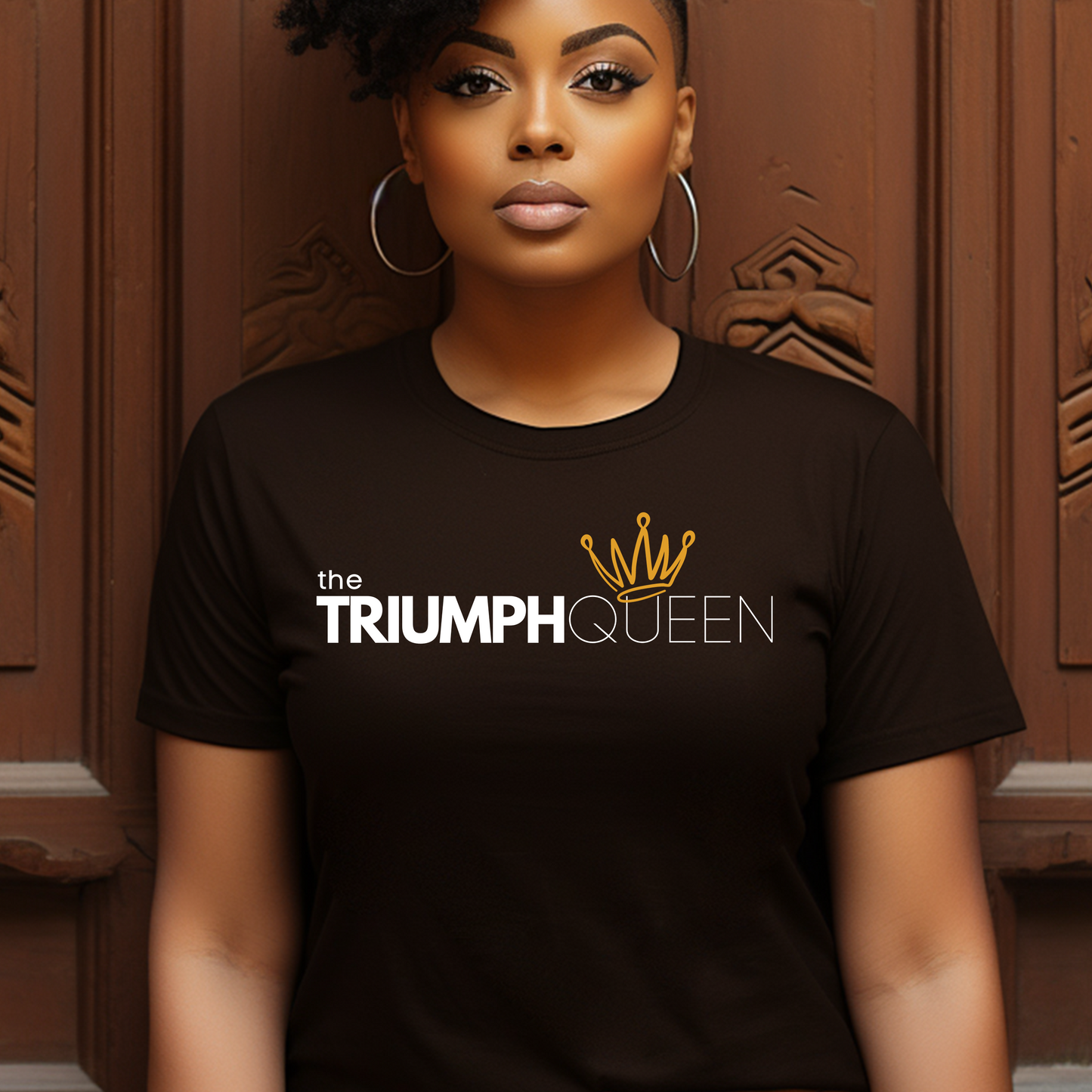 Chocolate Triumph Queen T-shirt from Triumph Tees, a faith-based clothing brand. This high-quality Christian t-shirt features a bold, white logo in the centre, epitomizing faith and empowerment. Perfect for those seeking fashionable faith apparel.
