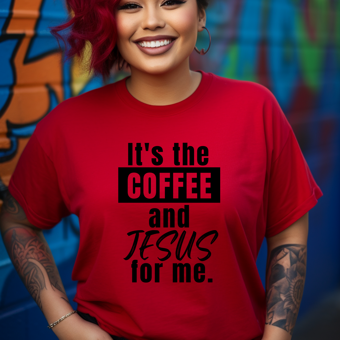 Stylish red 'It's the Coffee and Jesus for Me' T-shirt from Triumph Tees. This faith-based apparel is a perfect blend of comfort and style for coffee lovers and believers alike.