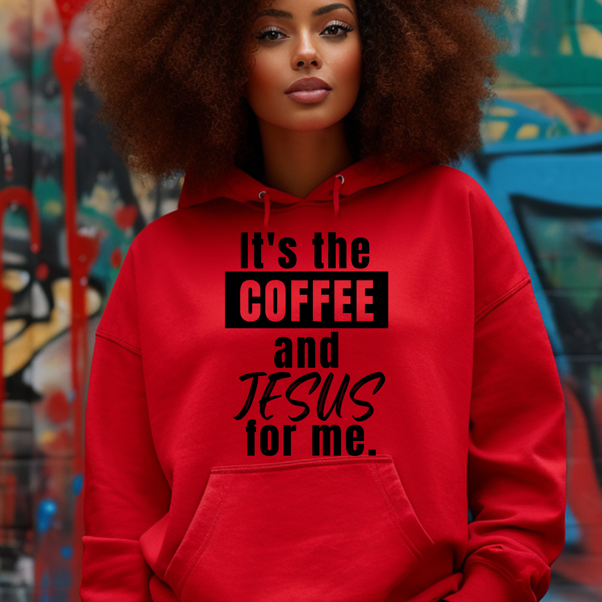 Vibrant red 'It's the Coffee and Jesus for Me' hoodie from Triumph Tees. This faith-themed apparel is perfect for coffee enthusiasts who enjoy expressing their spirituality in style.