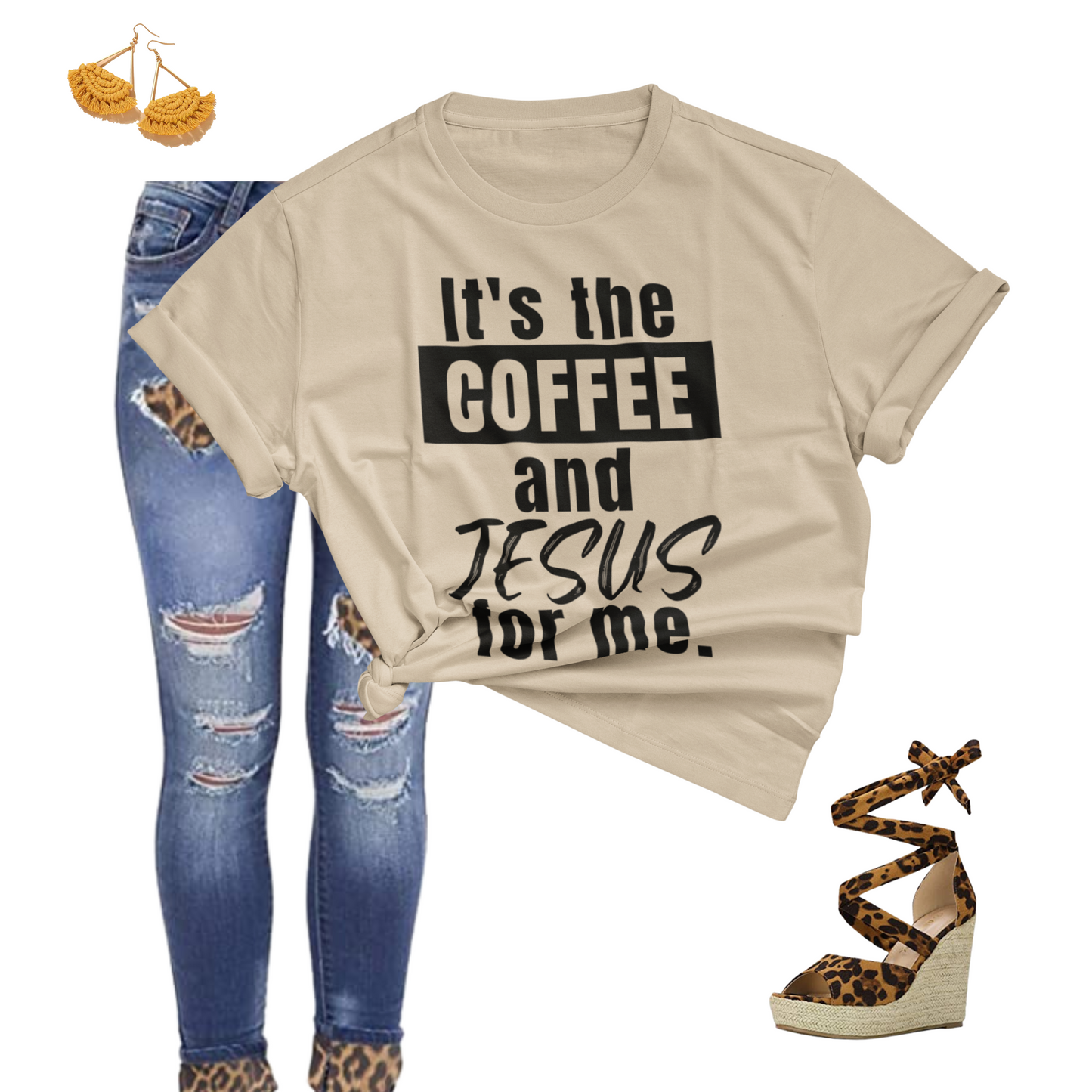 Stylish tan 'It's the Coffee and Jesus for Me' T-shirt from Triumph Tees. This faith-inspired apparel is perfect for those who love coffee and spirituality, blending comfort and style.