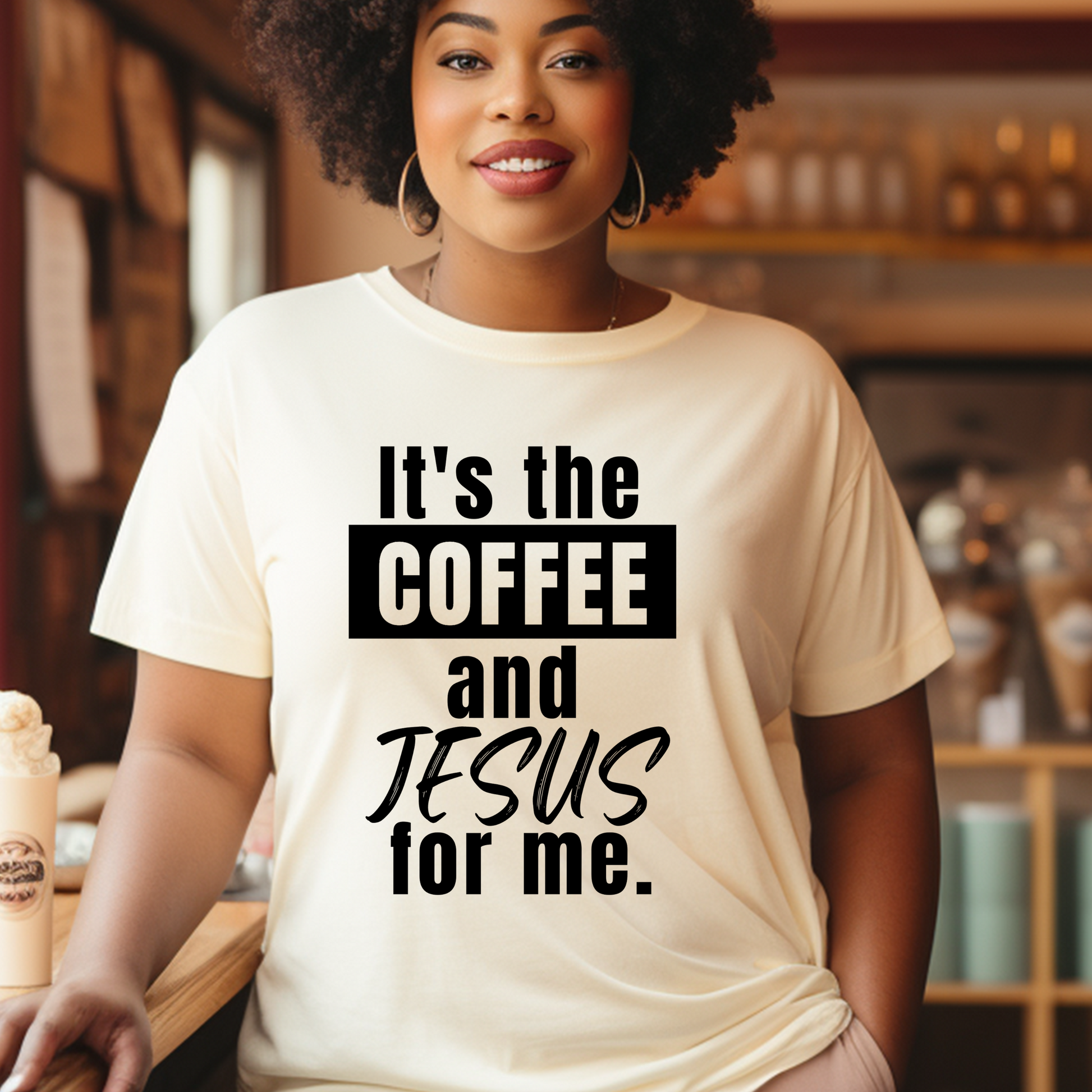Elegant tan 'It's the Coffee and Jesus for Me' T-shirt from Triumph Tees. Express your faith and love for coffee with this fashionable and comfortable faith apparel.