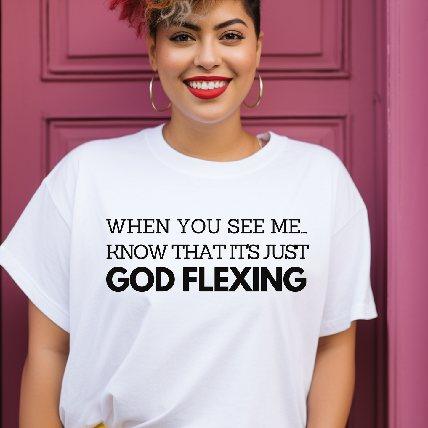 Sleek white 'When You See Me Know That it's just God Flexing' T-shirt from Triumph Tees. This faith-oriented apparel is a stylish way to represent your belief and respect for God.