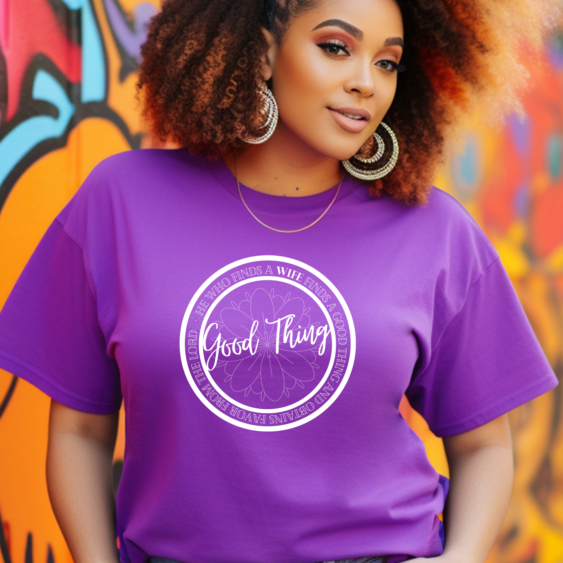 Elegant purple 'Good Thing' T-shirt from Triumph Tees, based on Proverbs 18:22. This faith-centric apparel is a fashionable way to express your belief and God's favor.
