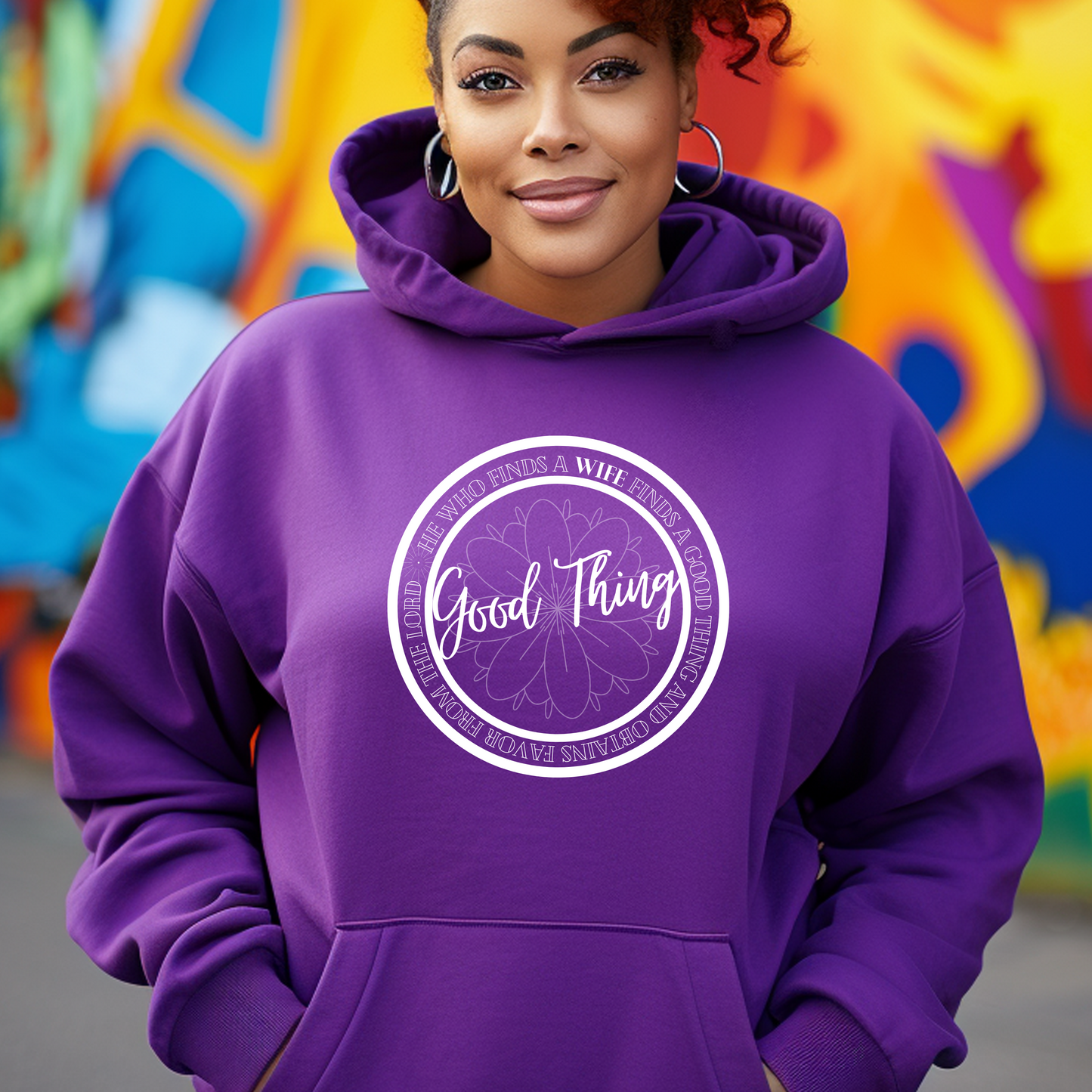 Chic purple 'Good Thing' hoodie from Triumph Tees, inspired by Proverbs 18:22. This faith-inspired apparel is a stylish way to express your belief and experience God's favor.