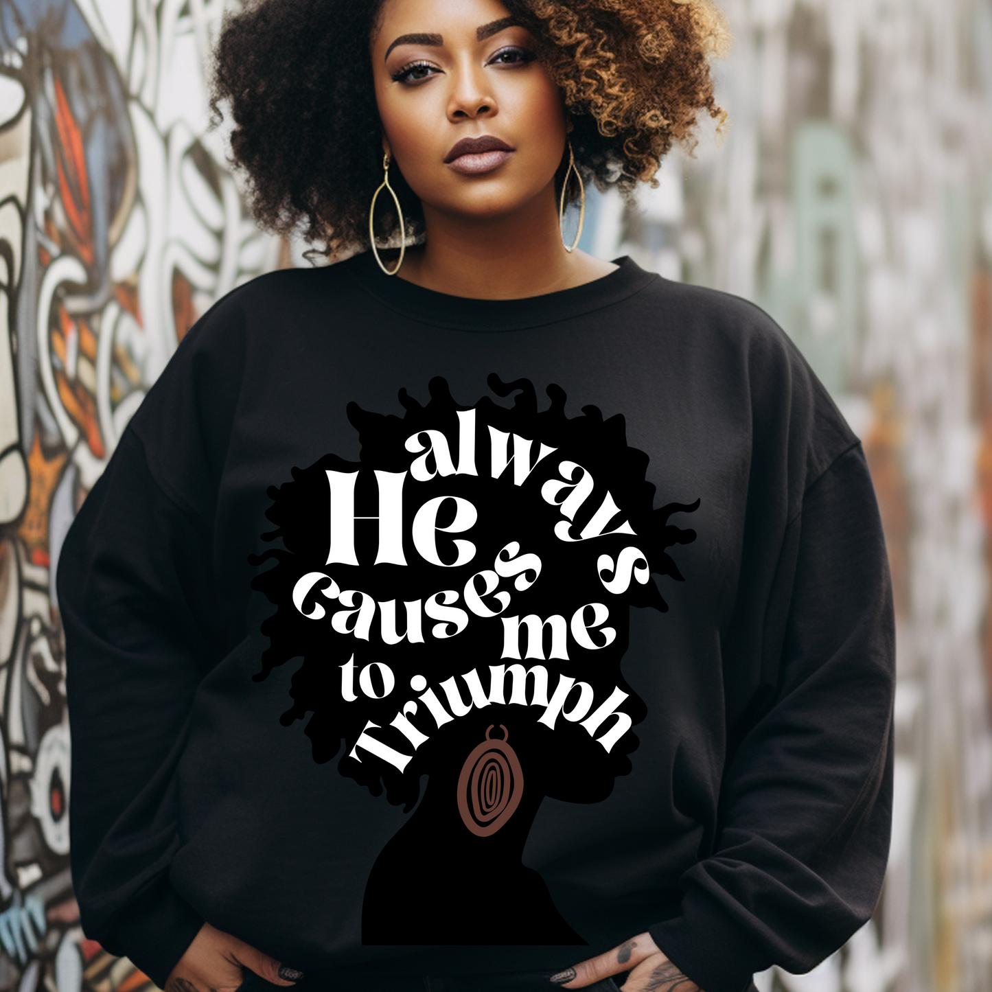 Triumph Tees Faith Apparel: Inspiring black sweatshirt with 'He always causes me to triumph' design. Elevate your style with this faith-inspired Triumph Tees black sweatshirt. Perfect for spreading the gospel and celebrating black history. #TriumphTees #FaithApparel #BlackHistoryShirt