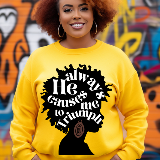 Triumph Tees Gold Sweatshirt: Stylish and inspiring gold sweatshirt featuring the 'He always causes me to triumph' design. Embrace victory with this premium Triumph Tees gold sweatshirt. Perfect for adding a touch of faith and fashion to your wardrobe. #TriumphTees #GoldSweatshirt #FaithFashion