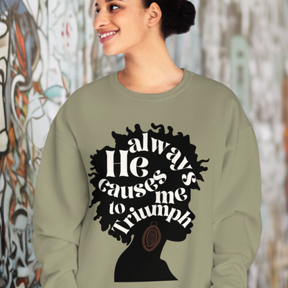 Triumph Tees presents a captivating khaki sweatshirt adorned with the empowering scripture, 'He always causes me to triumph' design. Embrace your style with this faith-inspired black woman shirt, ideal for spreading positivity and commemorating black history. #TriumphTees #FaithApparel #BlackHistoryShirt