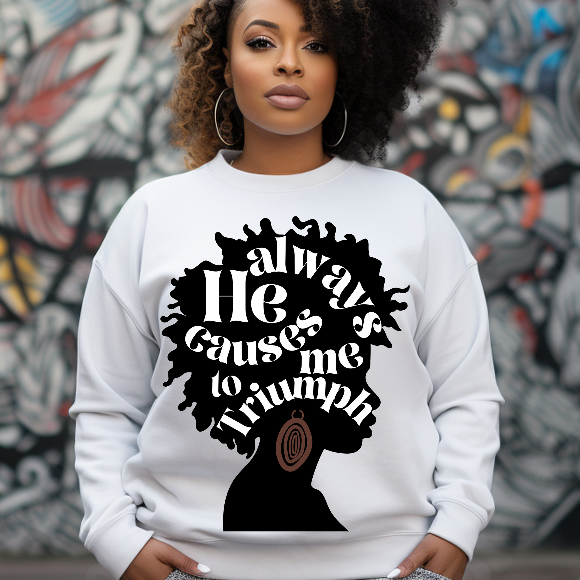 Triumph Tees Faith Apparel: Inspiring white sweatshirt with 'He always causes me to triumph' design. Elevate your style with this faith-inspired Triumph Tees white sweatshirt. Perfect for spreading positivity and celebrating black history. #TriumphTees #FaithApparel #BlackHistoryShirt