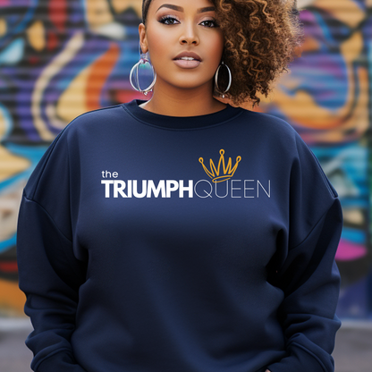 Shop our Triumph Queen navy blue sweatshirt. This cozy Christian apparel is for women who know they're more than conquerors. Enjoy this soft and comfy clothing everyday.