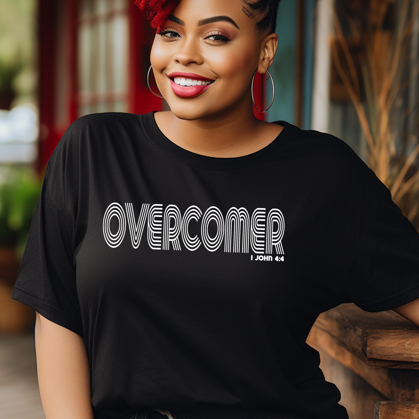 Striking black Overcomer t-shirt presented by Triumph Tees, inspired by 1 John 4:4, promoting our status as overcomers through God. This faith-centric apparel is a sleek representation of spiritual resilience.