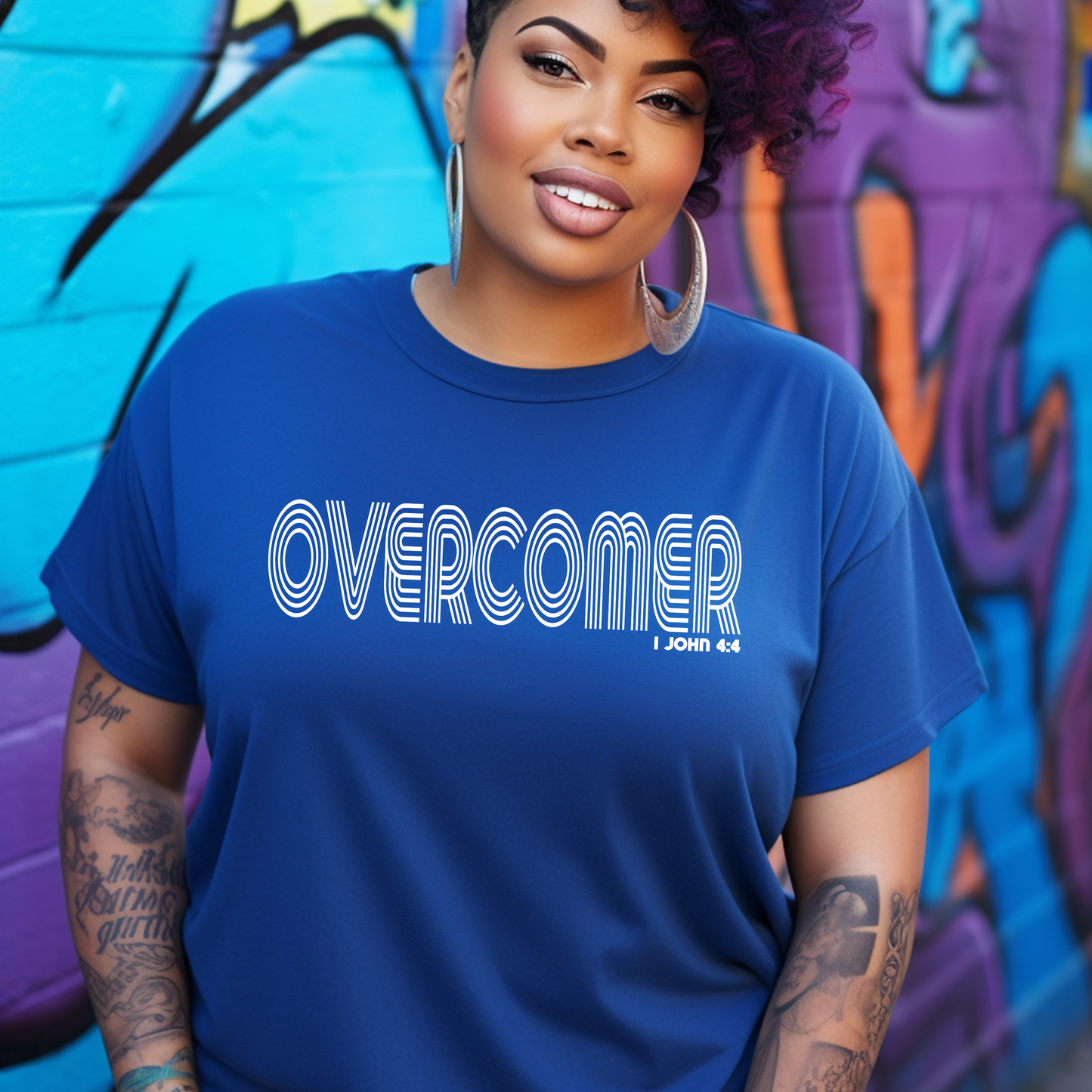 Eye-catching royal blue Overcomer t-shirt from Triumph Tees, inspired by 1 John 4:4, reinforcing our identity as overcomers through God. This faith-engraved apparel is a vibrant testament to religious strength.