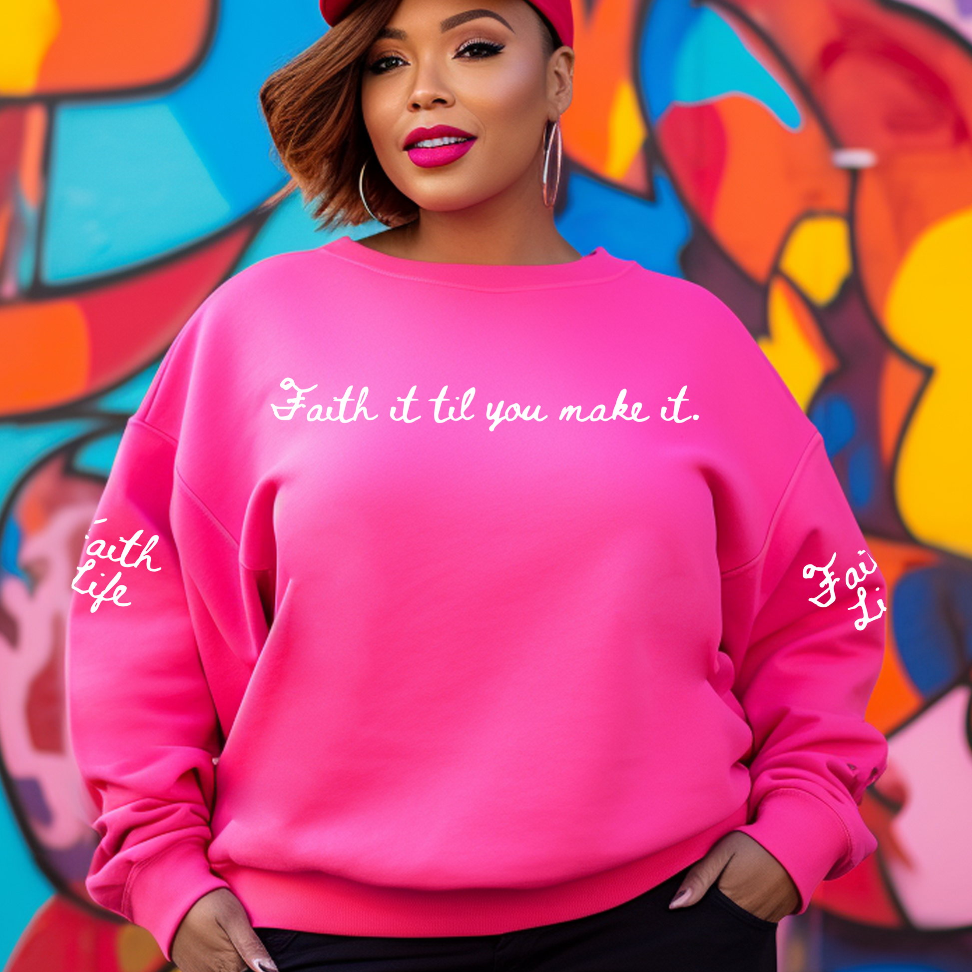 Buy our Faith it til you make it pink sweatshirt. Wear our comfortable faith clothing if you're a believer who knows you have the faith to get through anything. This unique sweatshirt is comfortable and soft enough to wear everyday.