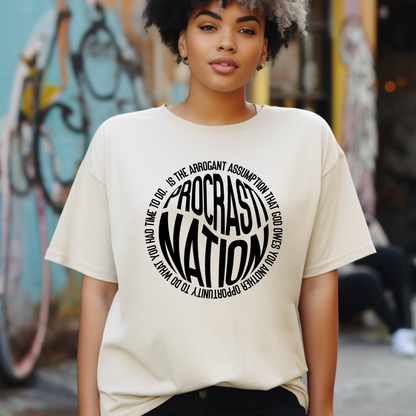 Classic natural Procrastination Definition t-shirt displayed at Triumph Tees, highlighting the significance of appreciating God's allotted time. This faith-focused apparel is a tasteful way to express religious devotion.