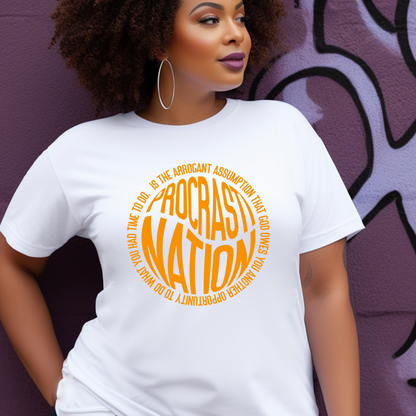 Stunning white Procrastination Definition t-shirt from Triumph Tees, underscoring the importance of utilizing God's gift of time. This faith-inspired apparel is a chic expression of religious discipline.