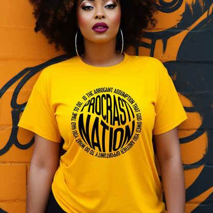 Stylish gold Procrastination Definition t-shirt at Triumph Tees, promoting the importance of valuing God-given time. This faith-based apparel is a striking reminder of religious commitment.