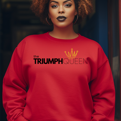 Shop our Triumph Queen red faith based sweatshirt. This cozy shirt is for Christian women who know they're more than conquerors. Enjoy this soft and comfy clothing everyday.