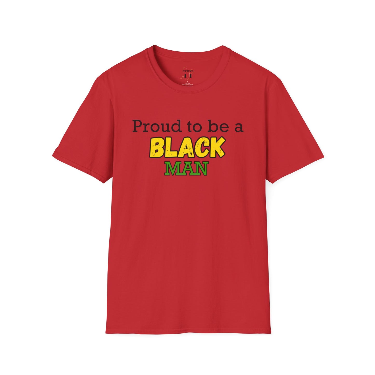 Red t-shirt from Triumph Tees with bold text: "Proud to be a black man, even more proud to be a Christian man. Shop now and scream your faith out loud!