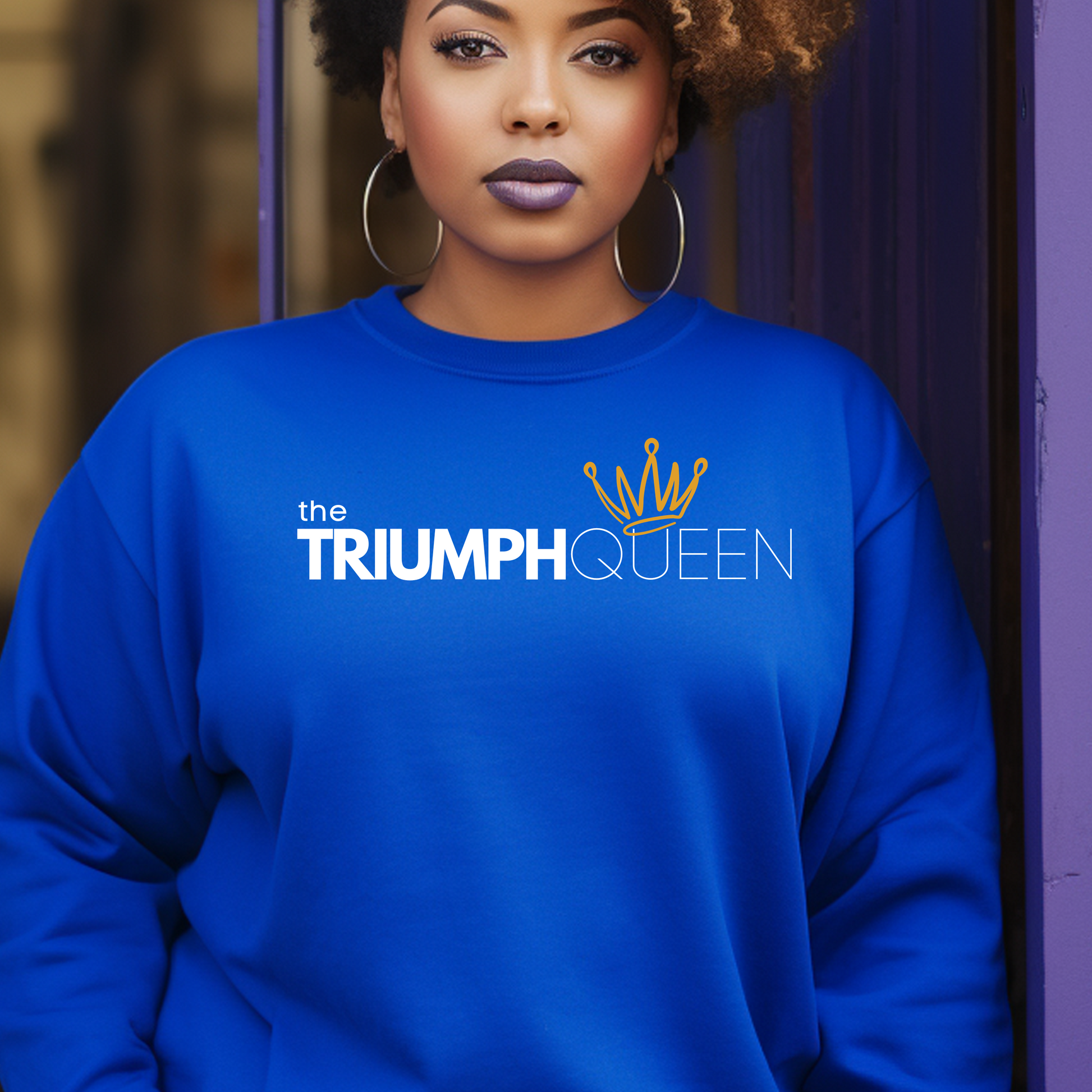 Shop for our Triumph Queen royal blue unisex sweatshirt. This cozy faith clothing is for believers who know they are more than conquerors. This shirt is soft and comfortable for everyday wear.