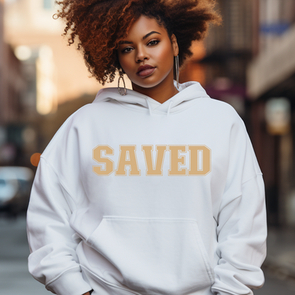 Stay cozy in style with our white, unisex Saved Letterman Hoodie. Soft, high-quality material and classic design for ultimate comfort and timeless appeal. Get yours today!