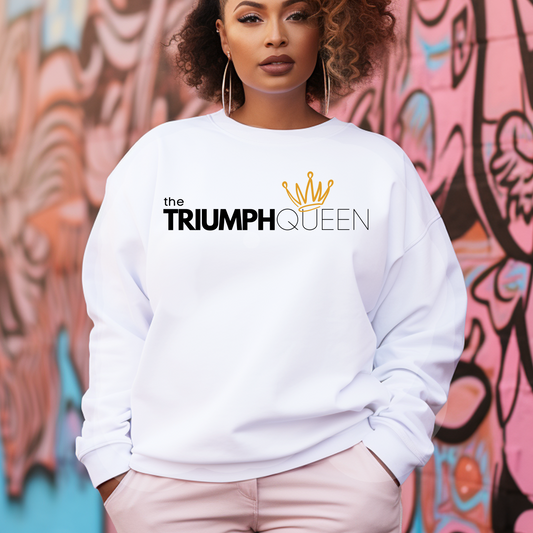 Buy our Triumph Queen white sweatshirt only at Triumph Tees. This cozy sweatshirt is Christian apparel for modern women who know they're more than conquerors. Enjoy this soft and comfortable faith clothing daily.