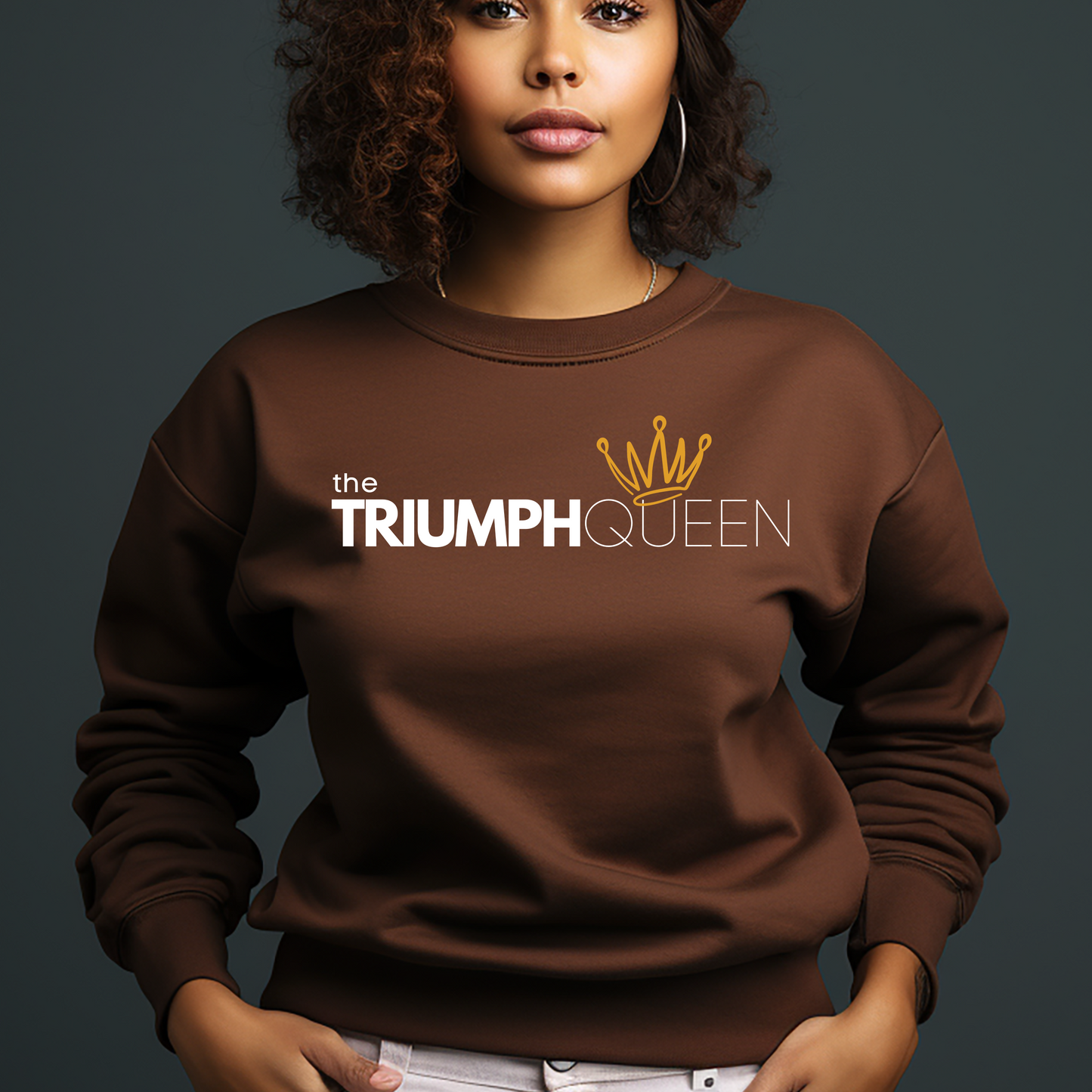 Shop for our Triumph Queen chocolate brown unisex sweatshirt. This cozy Christian clothing is for believers who know they're more than conquerors. This shirt is soft and comfy enough for everyday wear.