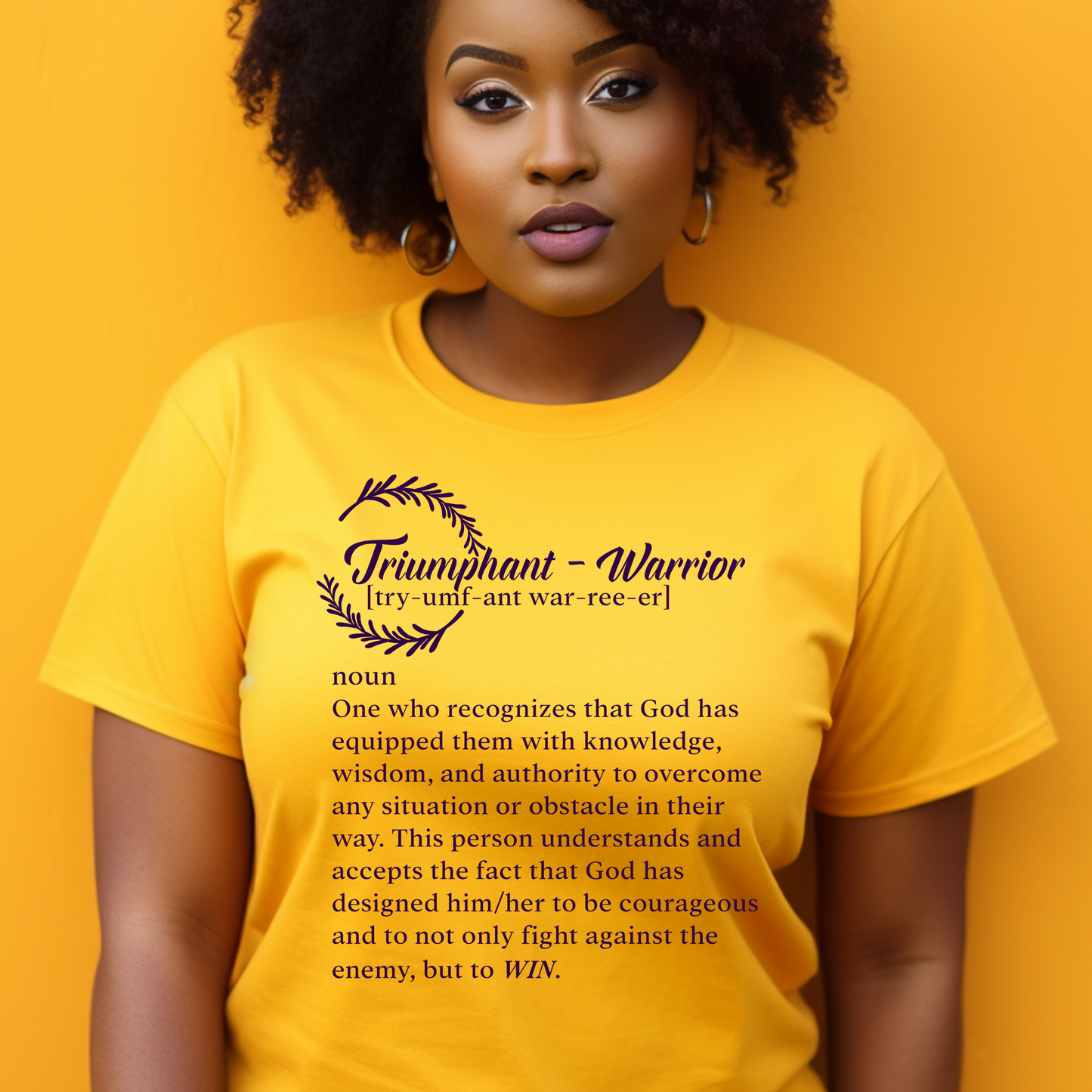 Bold gold Triumph Warrior Definition t-shirt from Triumph Tees, reflecting our God-given courage to overcome the devil. This faith-infused apparel is a golden beacon of spiritual bravery and victory.