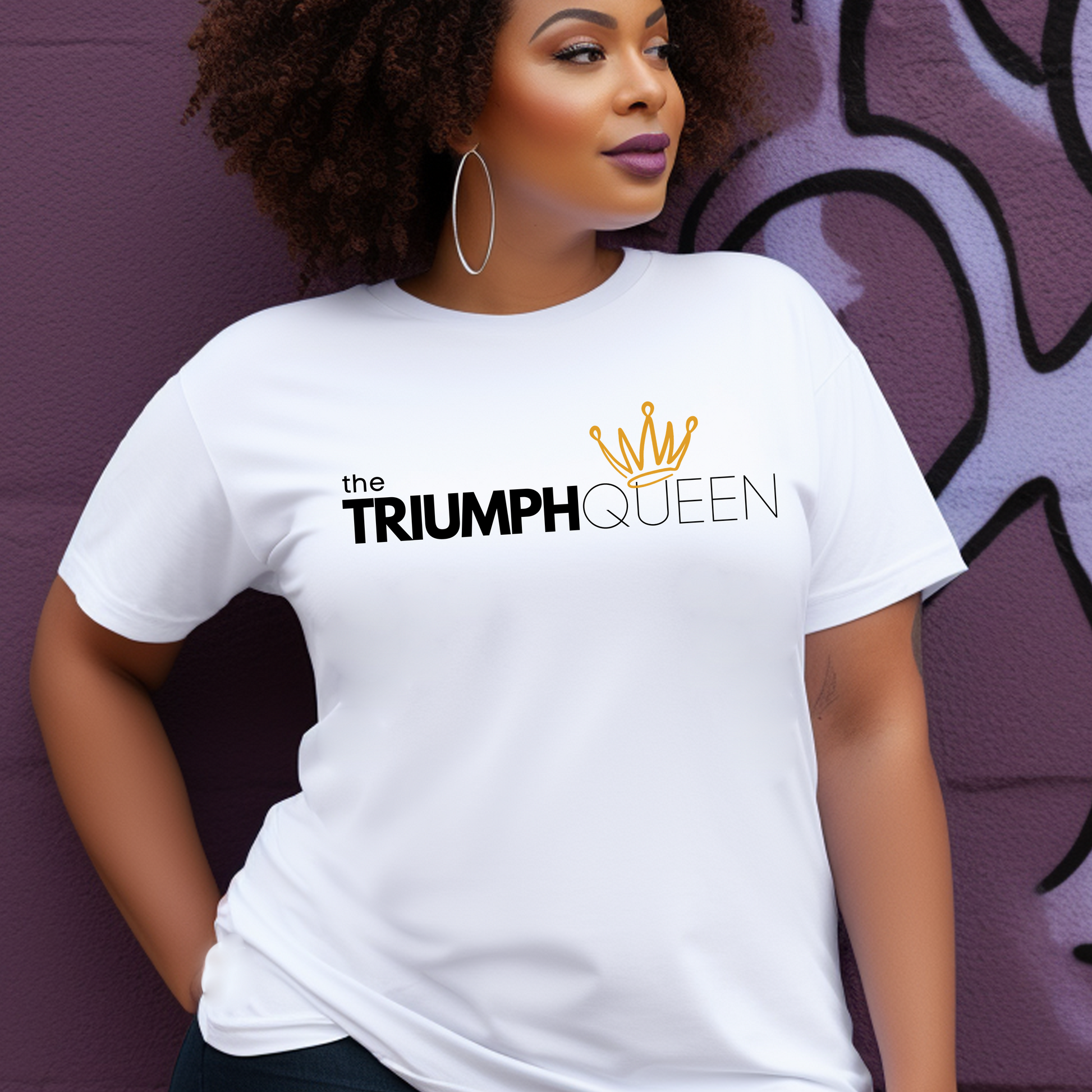 White Triumph Queen T-shirt from Triumph Tees, a faith-based clothing brand. This premium Christian t-shirt displays a bold statement in the centre, embodying faith and empowerment. Ideal for those seeking elegant faith apparel.
