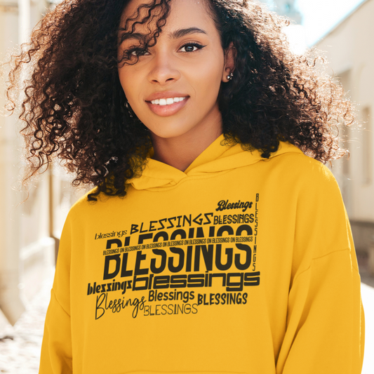 Shop for our Blessings on Blessings Unisex Statement Hoodie. This faith based apparel is only at Triumph Tees. Christian Statement hoodies make a great gift. Black owned business.