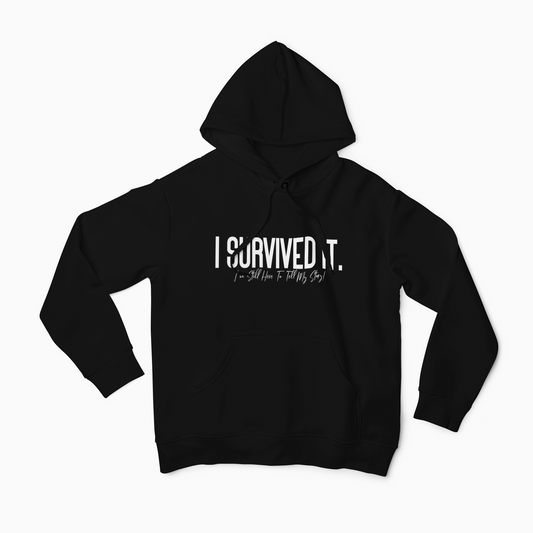 Shop for our I Survived It Christian Statement hoodie. This black unisex faith clothing is soft & comfortable enough for you to wear everyday. This statement apparel will certainly spark up a conversation about your faith.