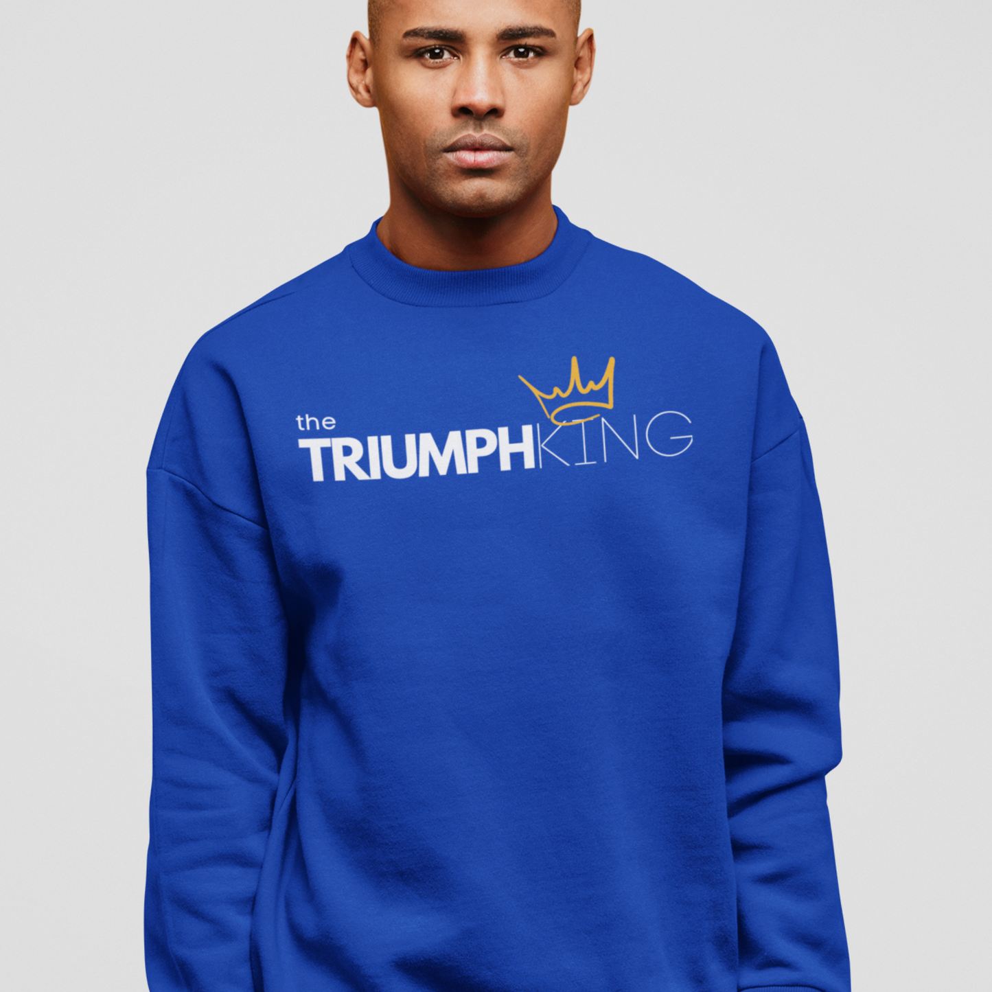 Buy our Triumph King royal blue sweatshirt. This comfortable faith based clothing is for Christian men who know they can triumph over any situation with the help of Jesus Christ. Enjoy this soft and comfy sweatshirt on a regular basis.